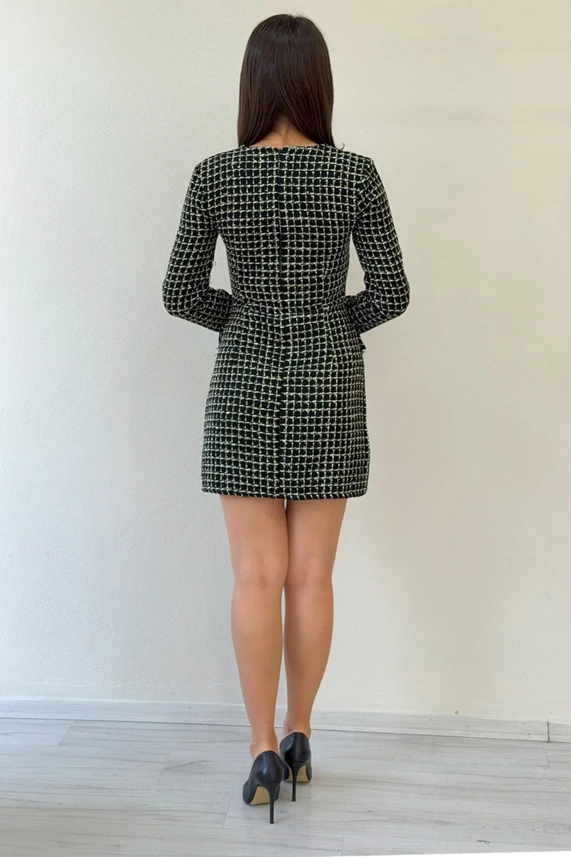 Women's Black Square Neck Long Sleeve Tweed Dress