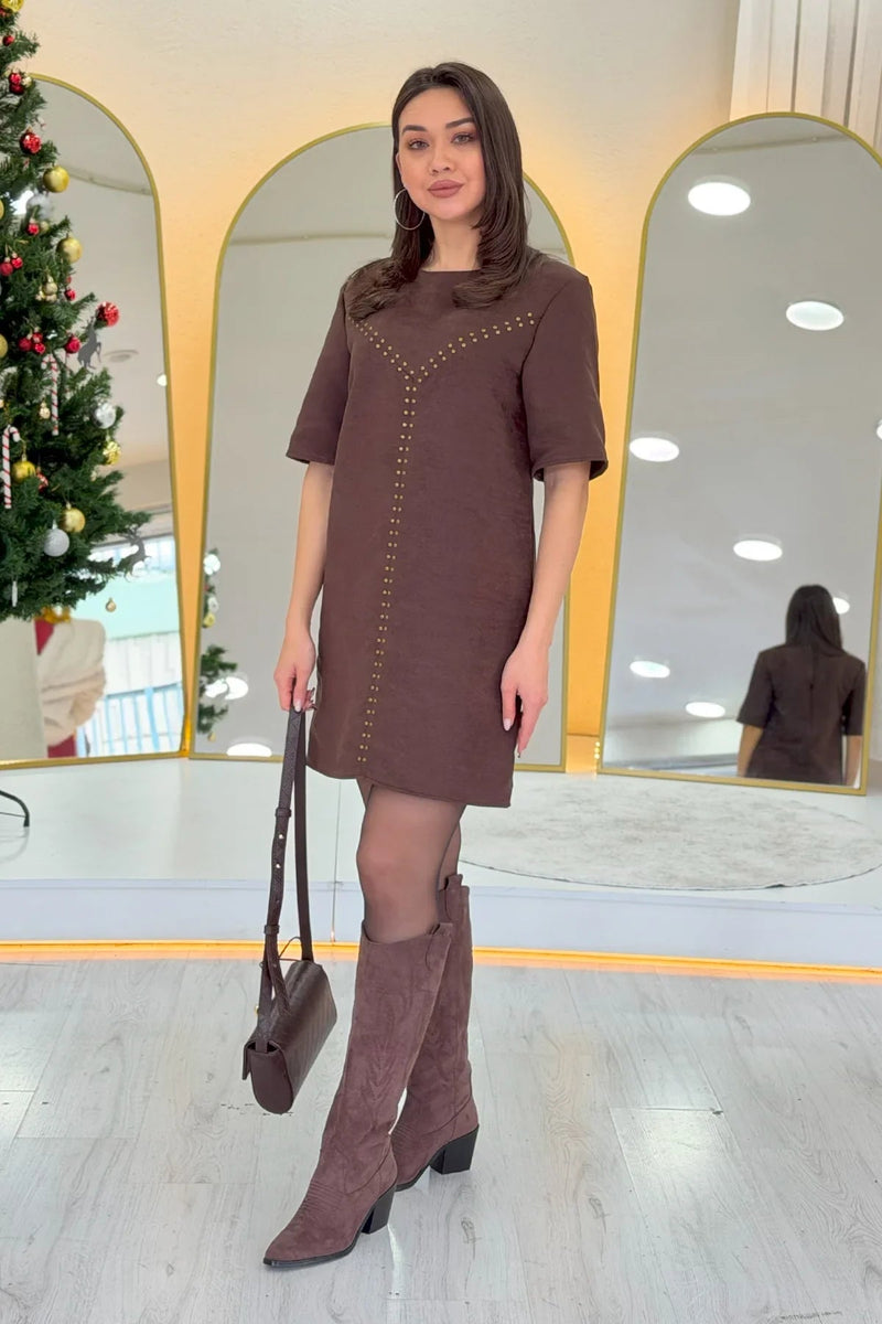 Women's Brown Zımba Detail Suede Mini Dress