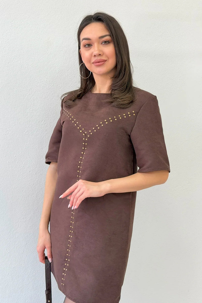 Women's Brown Zımba Detail Suede Mini Dress