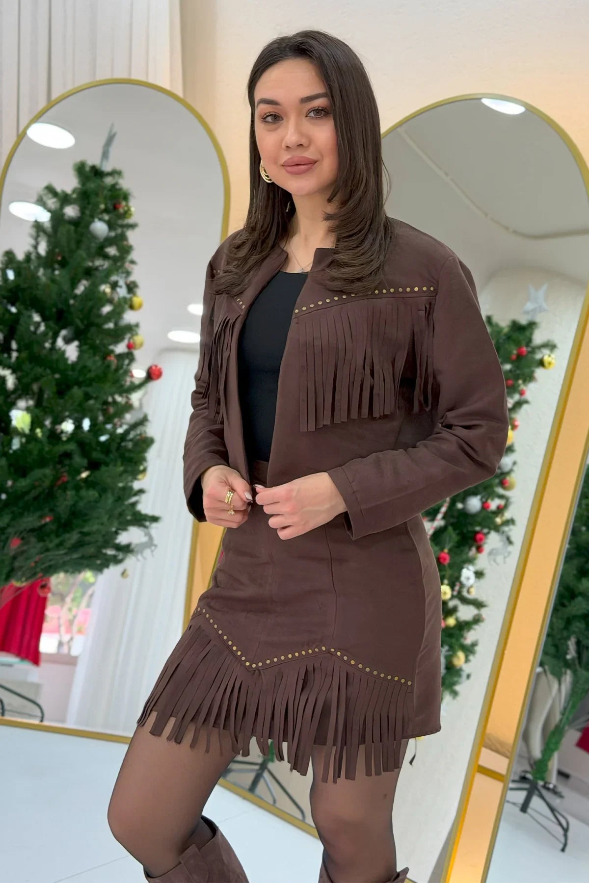 Women's Brown Saçaklı Jacket Skirt İkili Suede Set
