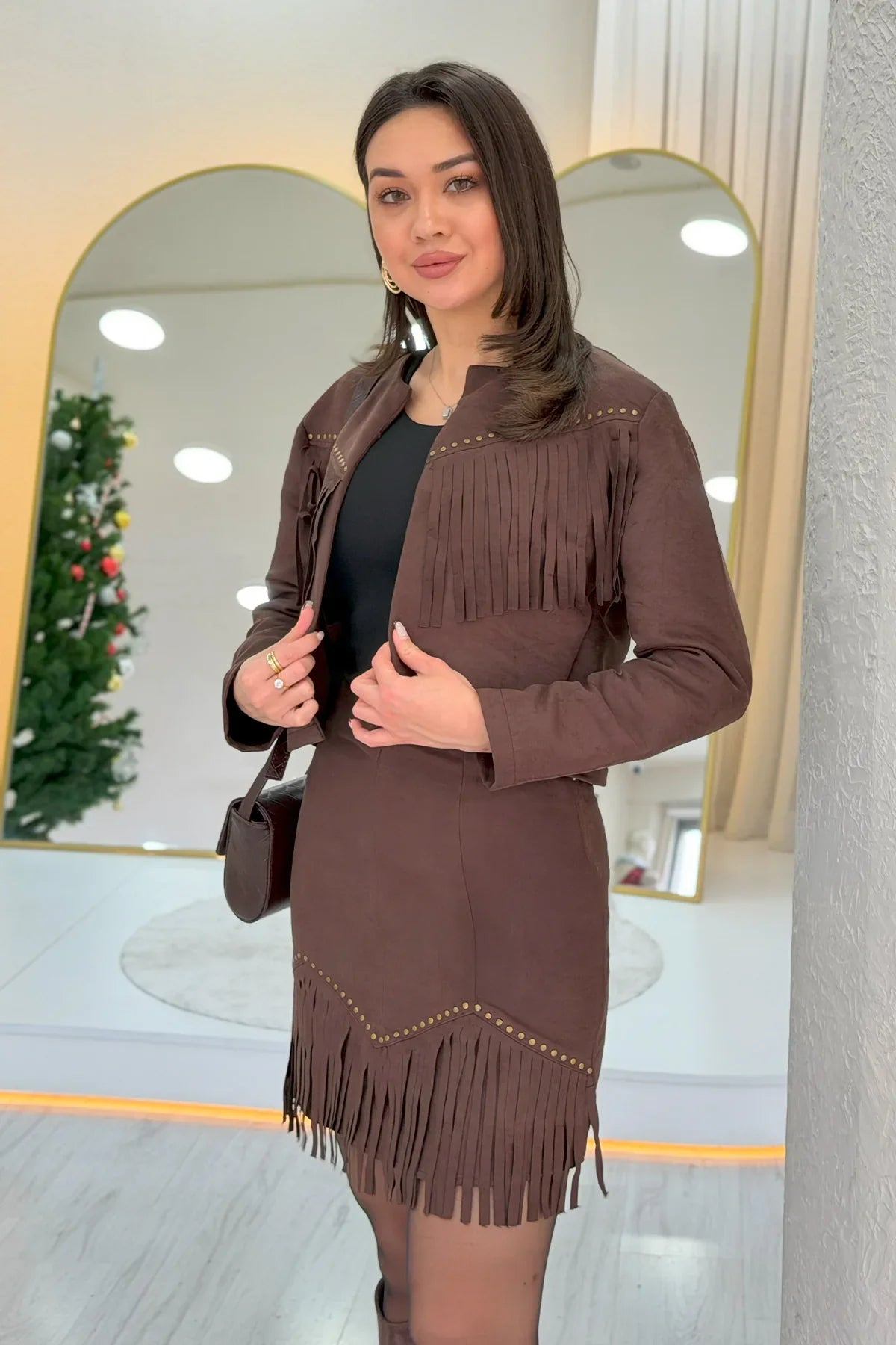 Women's Brown Saçaklı Jacket Skirt İkili Suede Set