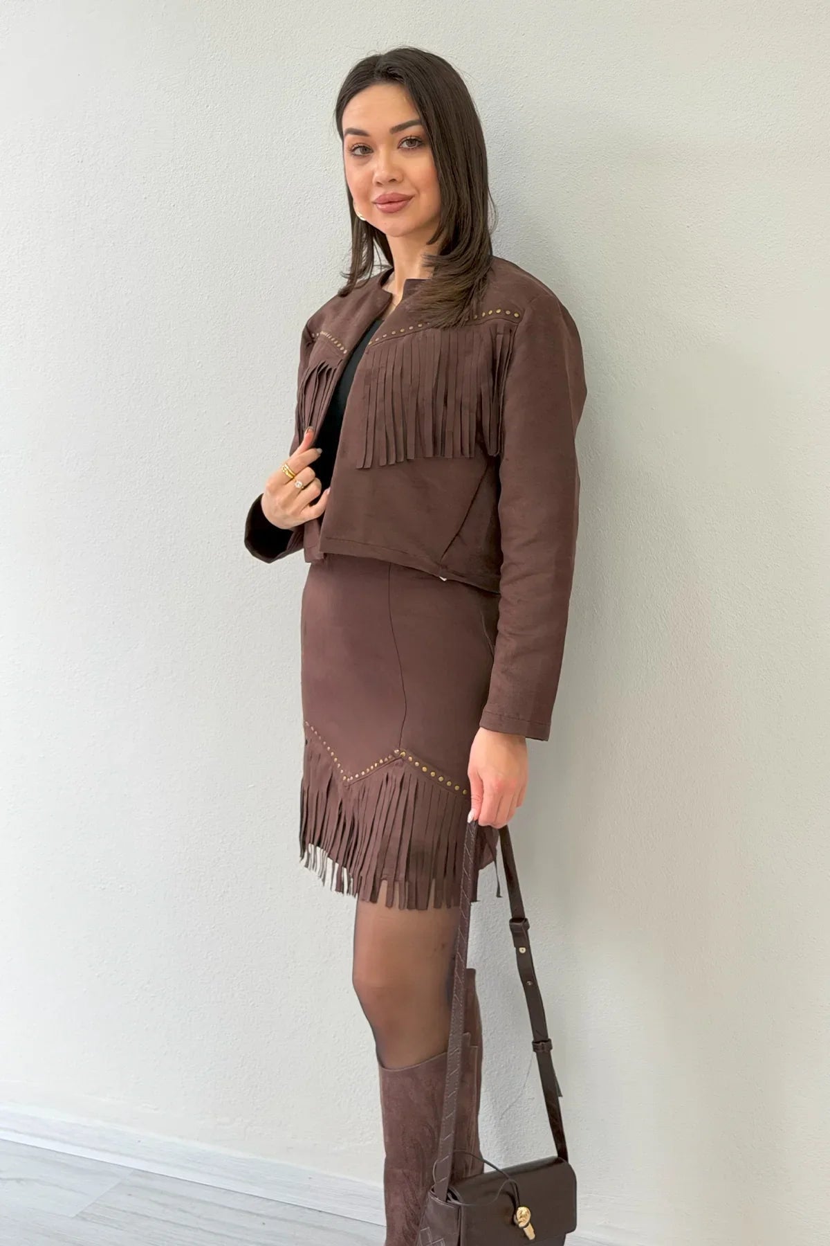 Women's Brown Saçaklı Jacket Skirt İkili Suede Set