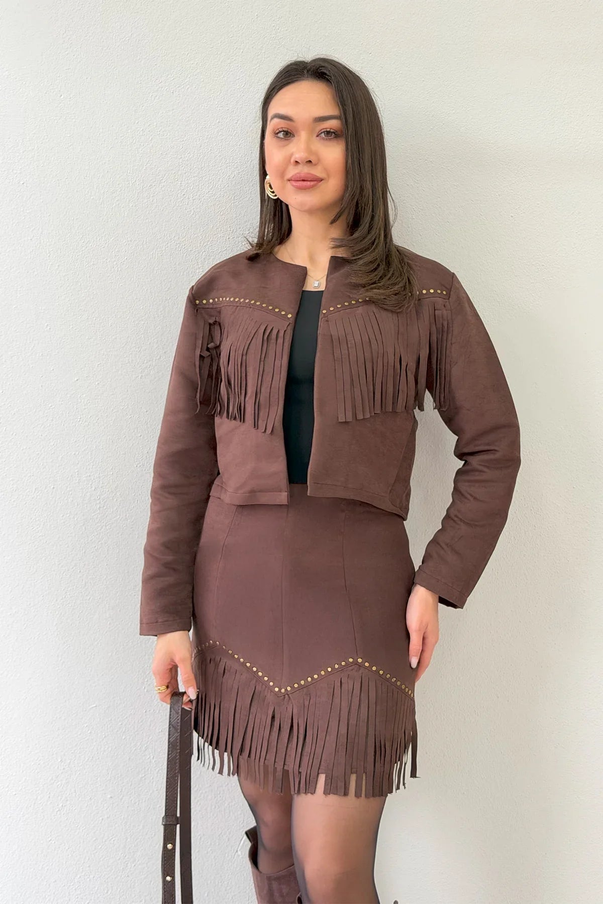 Women's Brown Saçaklı Jacket Skirt İkili Suede Set
