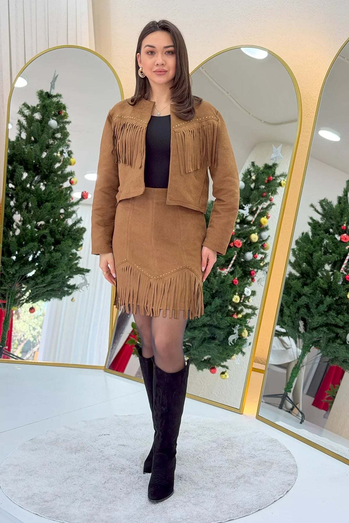 Women's Tan Saçaklı Jacket Skirt İkili Suede Set