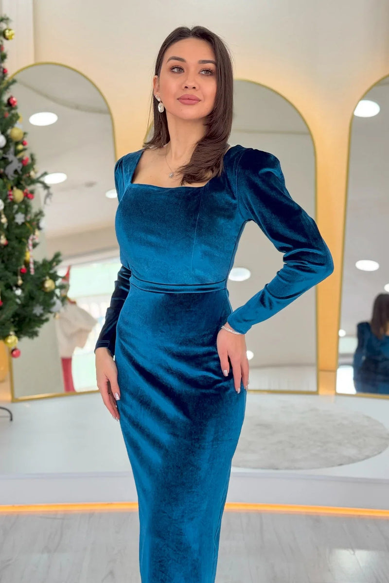 Women's Petrol Blue Square Neck Velvet Midi Dress
