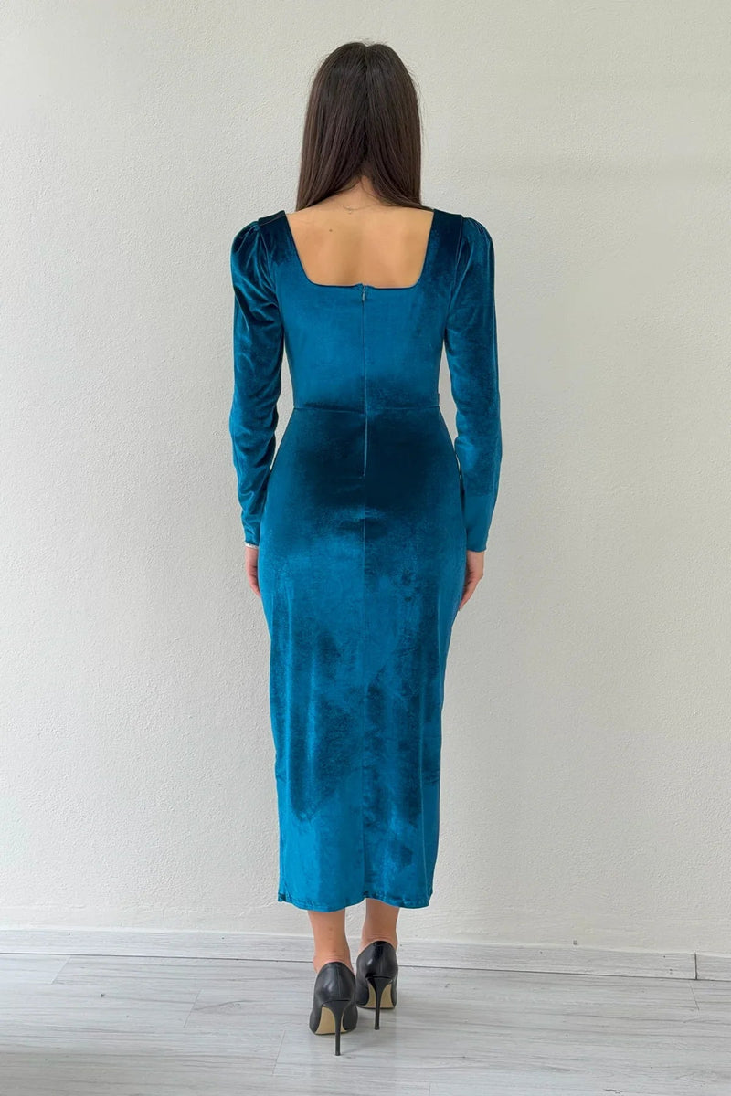 Women's Petrol Blue Square Neck Velvet Midi Dress
