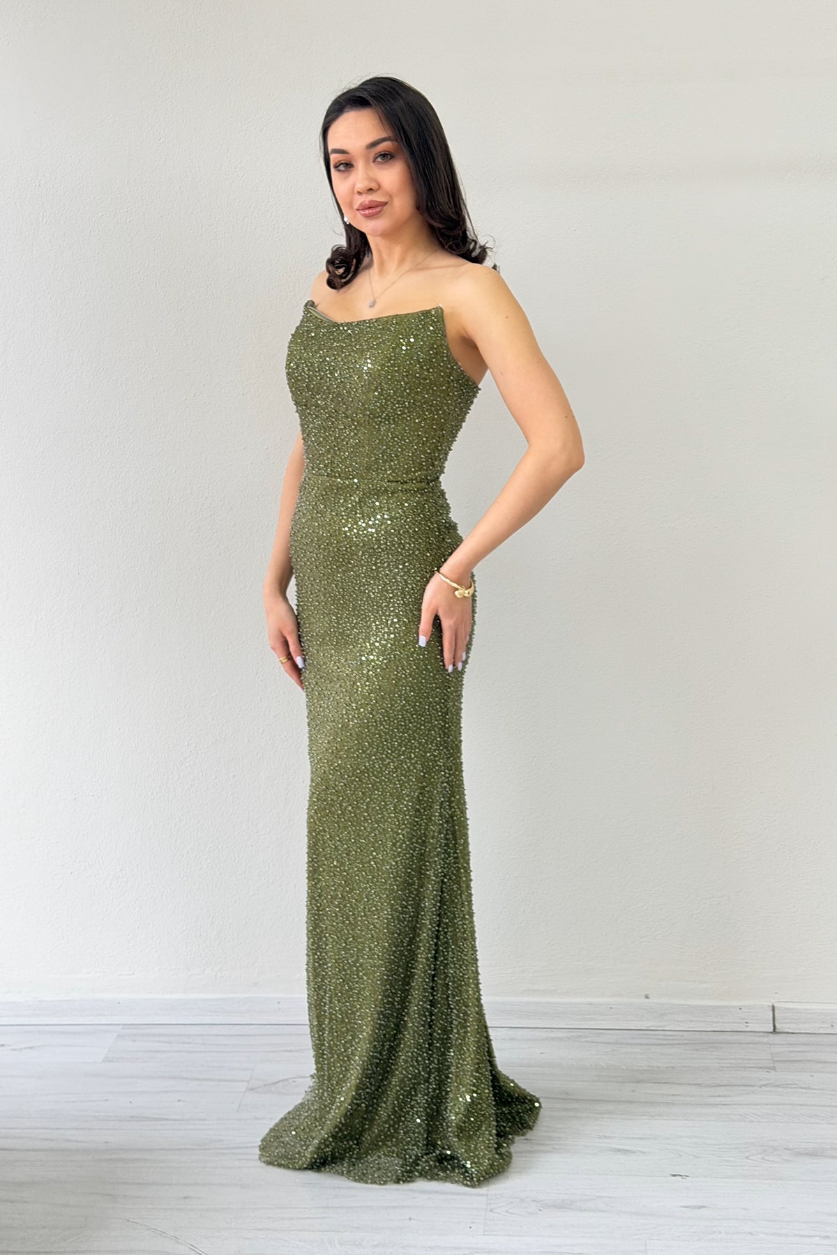 Women's Khaki Strapless Cape Mermaid Evening Dress