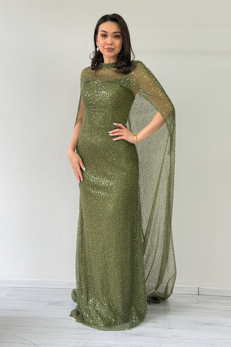 Women's Khaki Strapless Cape Mermaid Evening Dress