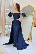 Women's Navy Blue Satin Tailored Dress with Detachable Sleeves
