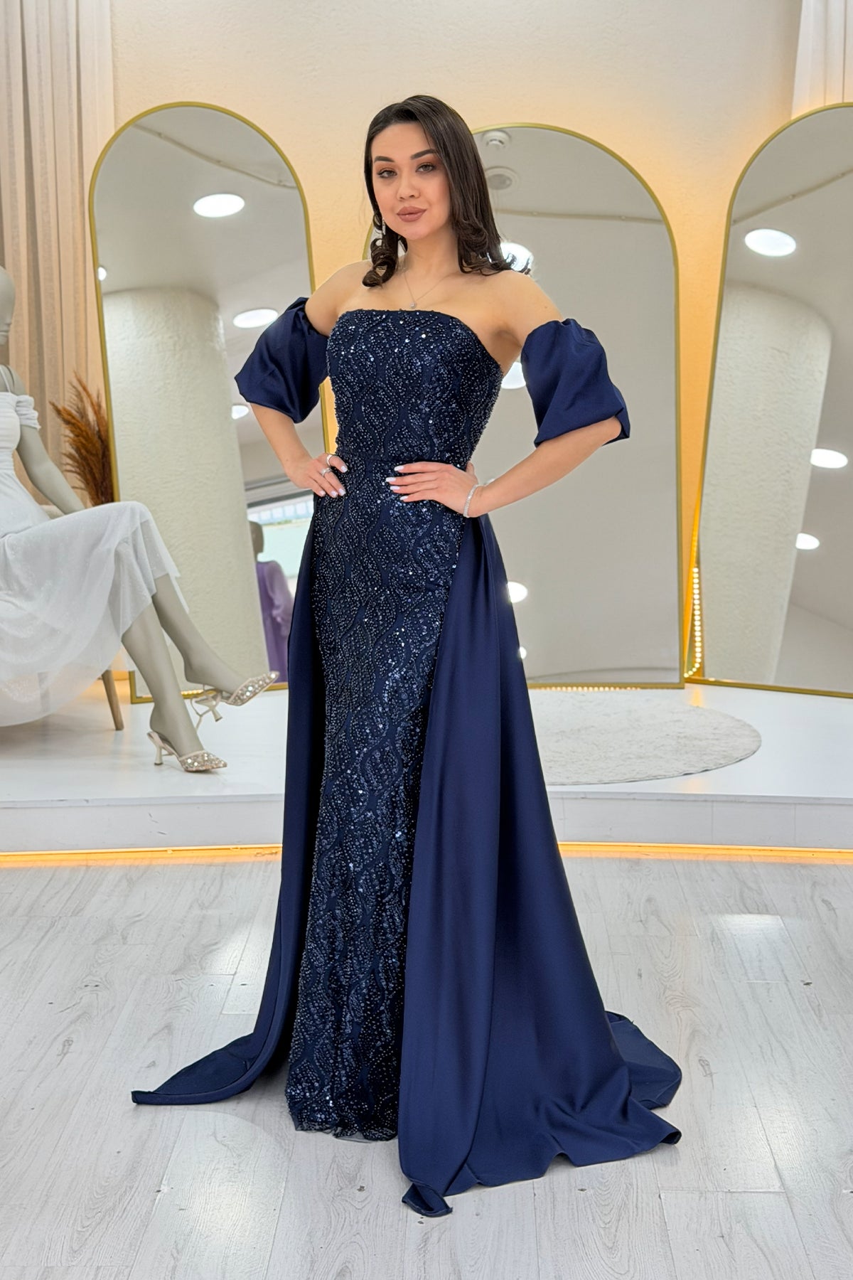 Women's Navy Blue Satin Tailored Dress with Detachable Sleeves