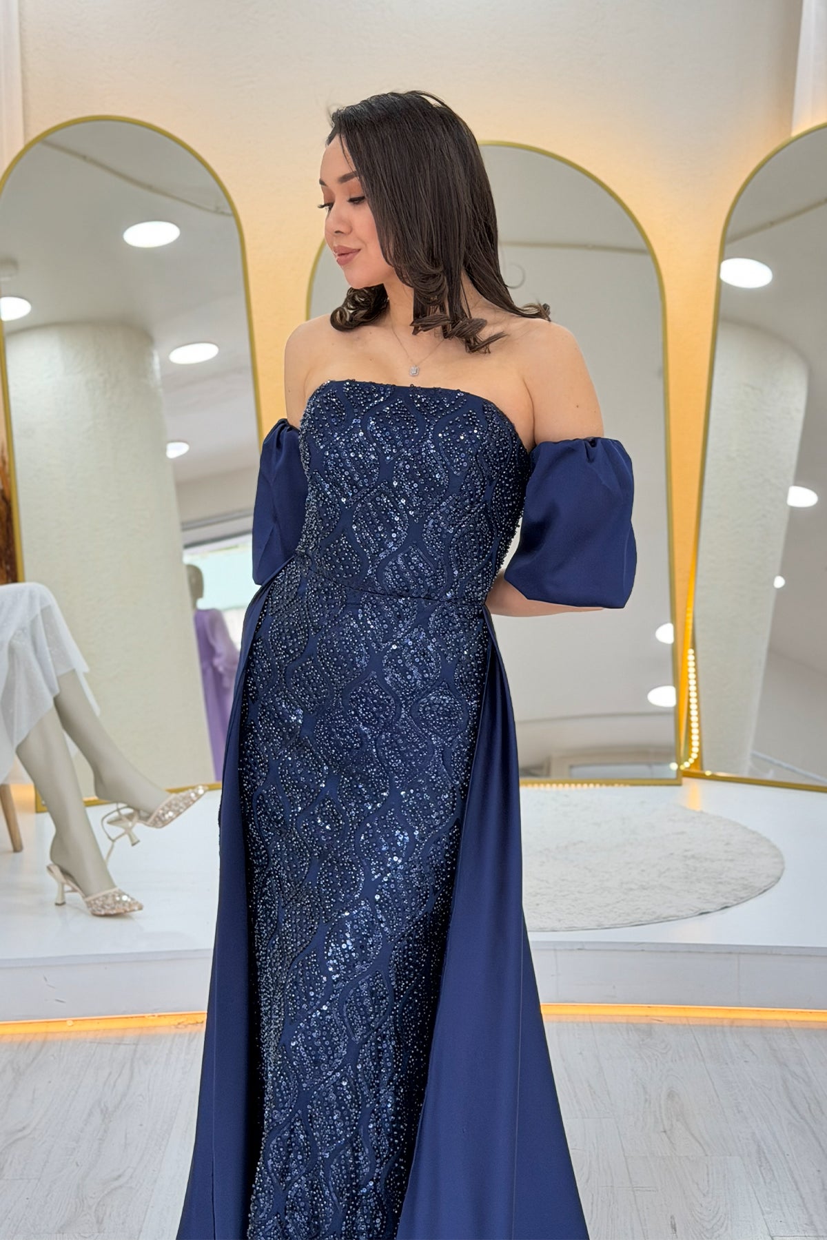 Women's Navy Blue Satin Tailored Dress with Detachable Sleeves