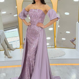 Women's Lilac Satin Tailored Dress with Detachable Sleeves