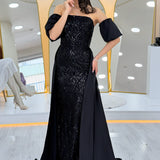 Women's Black Satin Tailored Dress with Detachable Sleeves