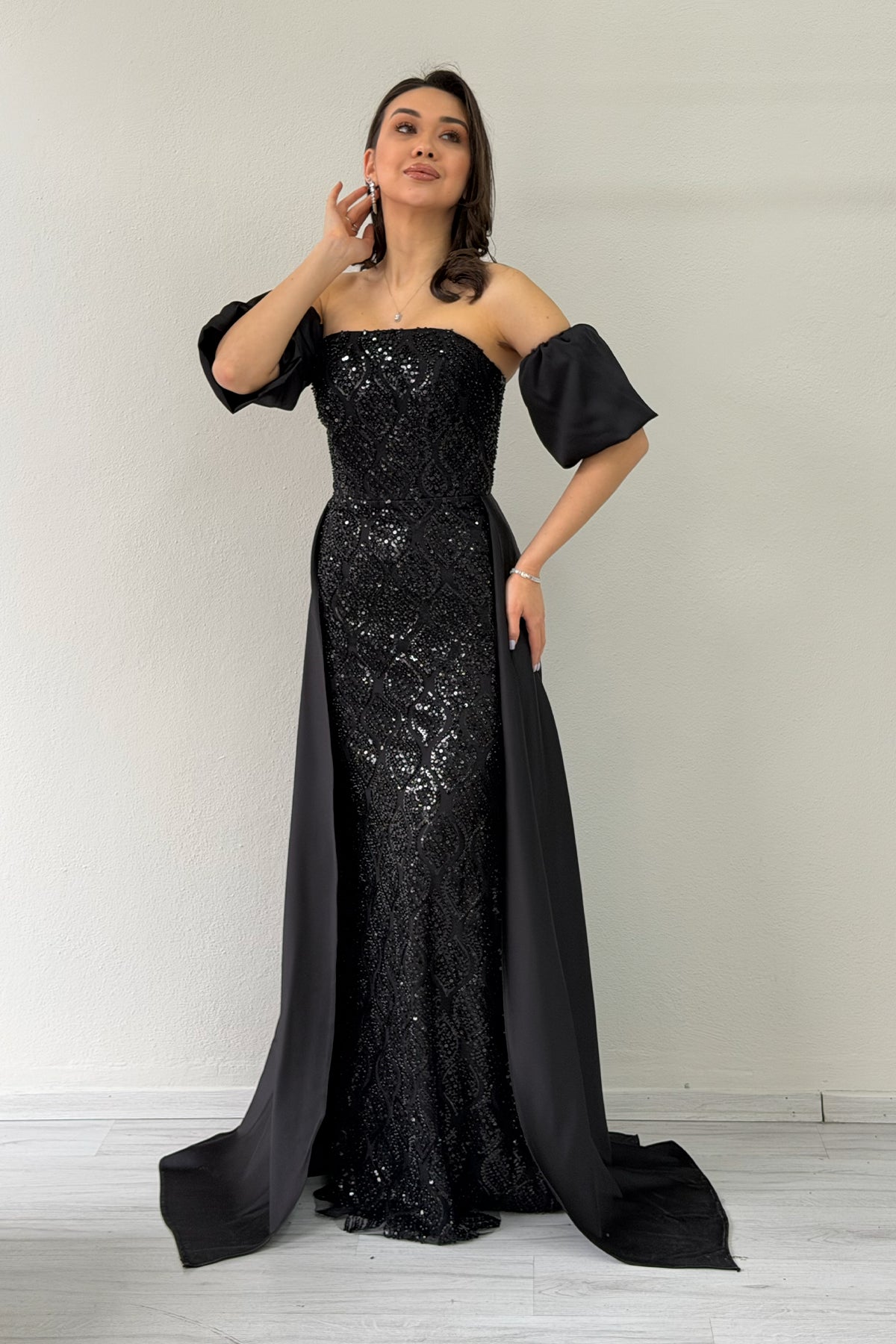 Women's Black Satin Tailored Dress with Detachable Sleeves