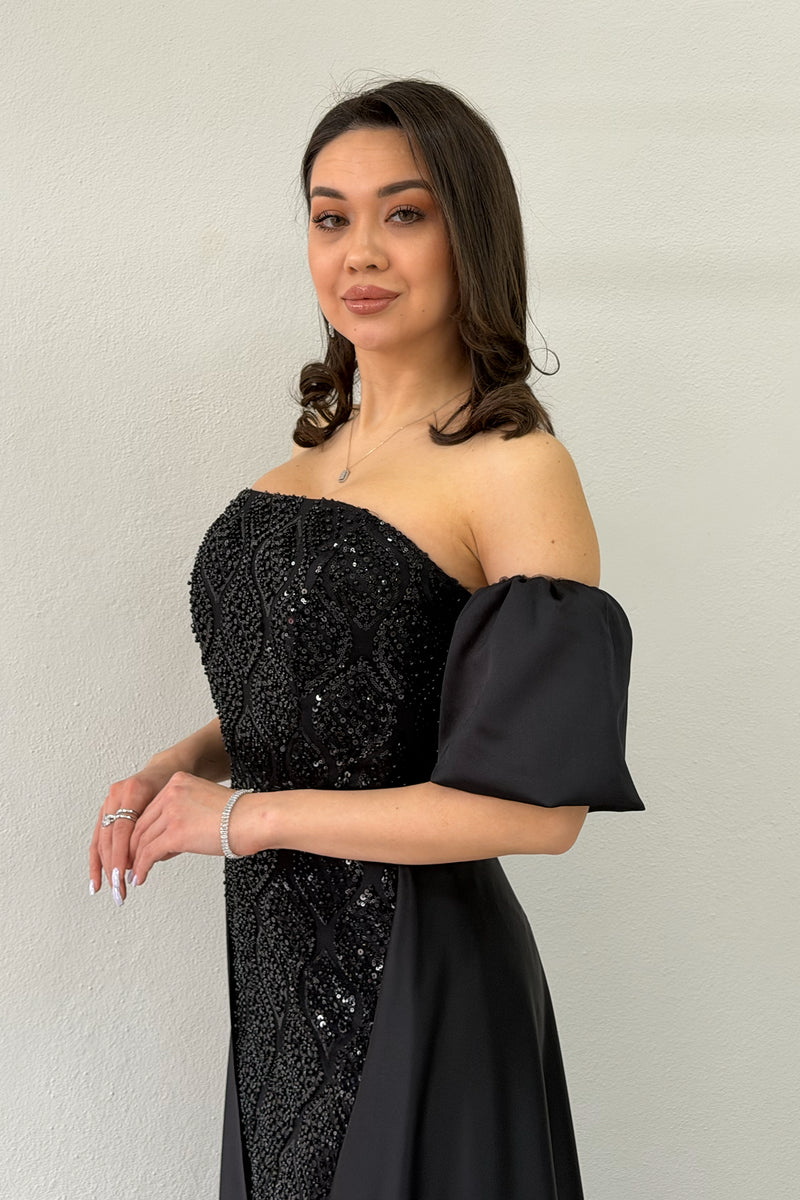 Women's Black Satin Tailored Dress with Detachable Sleeves