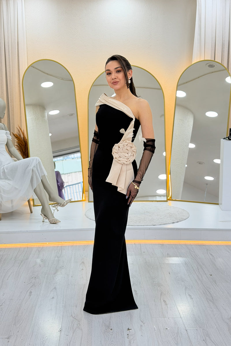 Women's One-Shoulder Beige Striped Rose Detail Mermaid Evening Dress