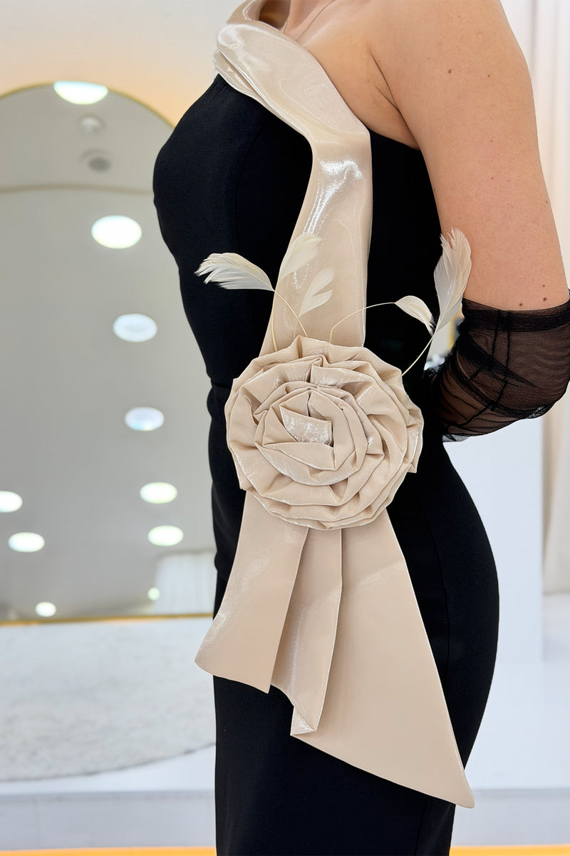 Women's One-Shoulder Beige Striped Rose Detail Mermaid Evening Dress