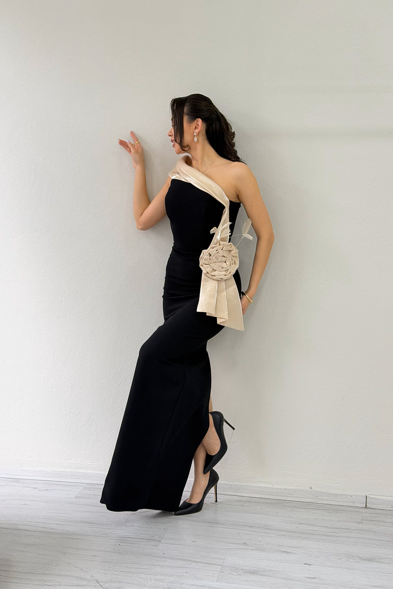 Women's One-Shoulder Beige Striped Rose Detail Mermaid Evening Dress