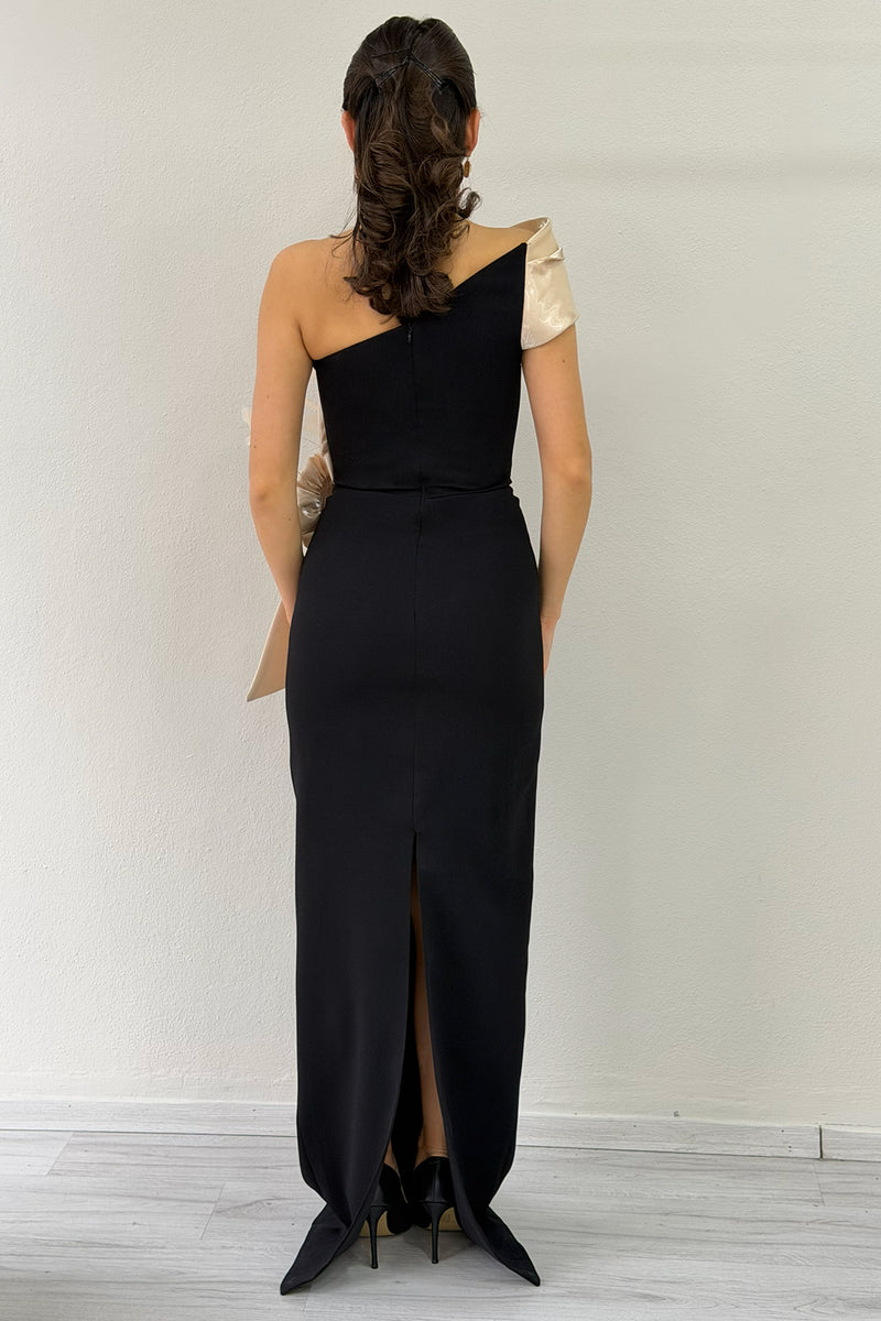 Women's One-Shoulder Beige Striped Rose Detail Mermaid Evening Dress