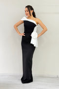 Women's One-Shoulder White Striped Rose Detail Mermaid Evening Dress
