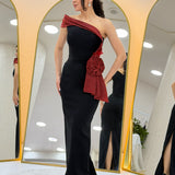 Women's One-Shoulder Burgundy Striped Rose Detail Mermaid Evening Dress