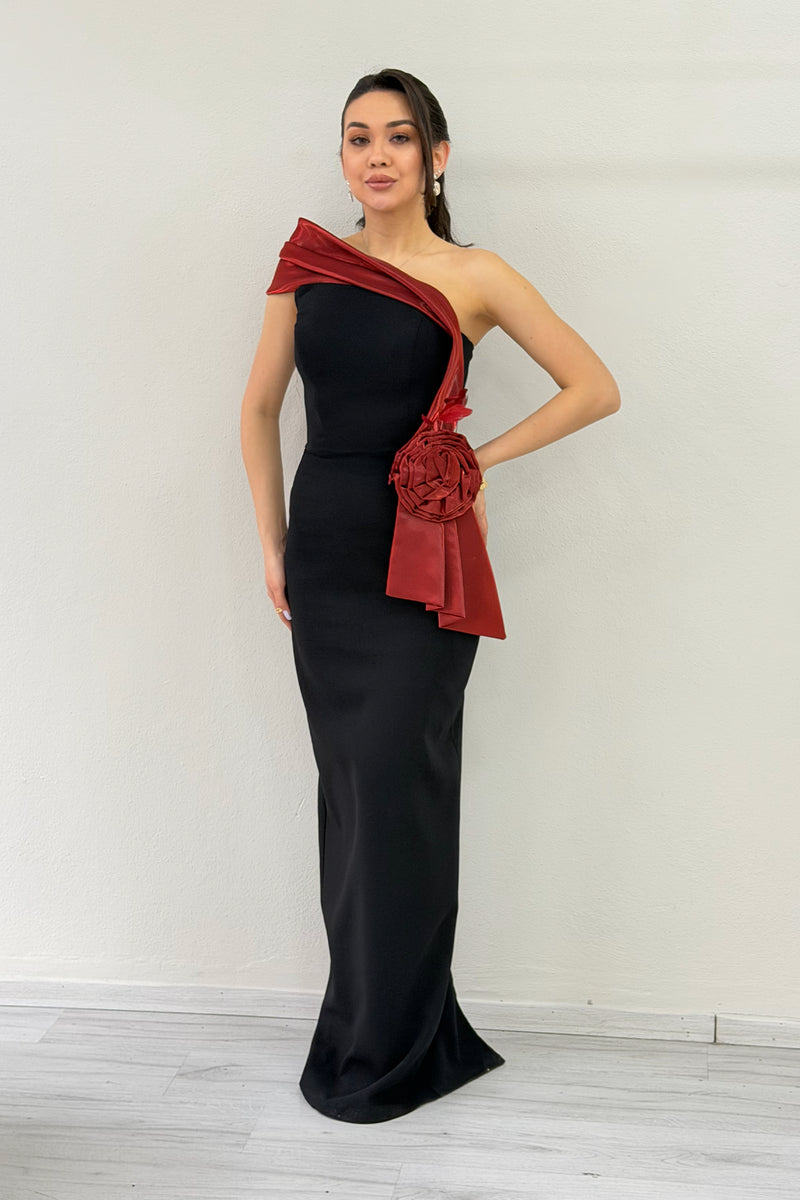 Women's One-Shoulder Burgundy Striped Rose Detail Mermaid Evening Dress