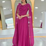 Fuchsia Drape Cloak Sleeve Evening Dress