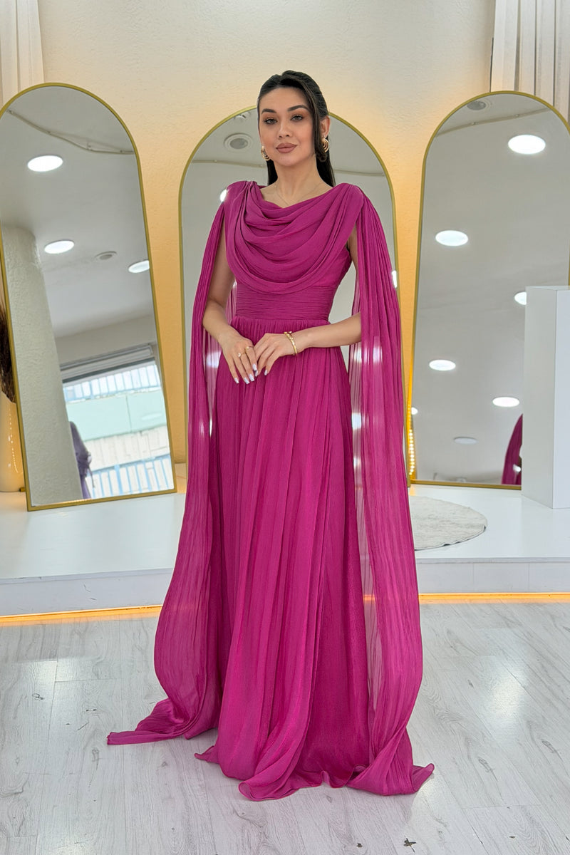 Fuchsia Drape Cloak Sleeve Evening Dress