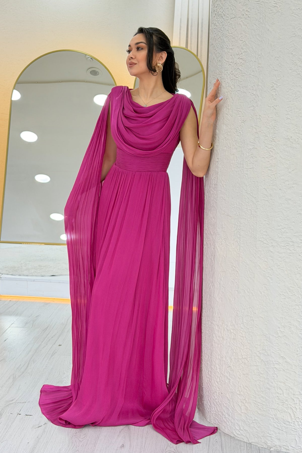 Fuchsia Drape Cloak Sleeve Evening Dress