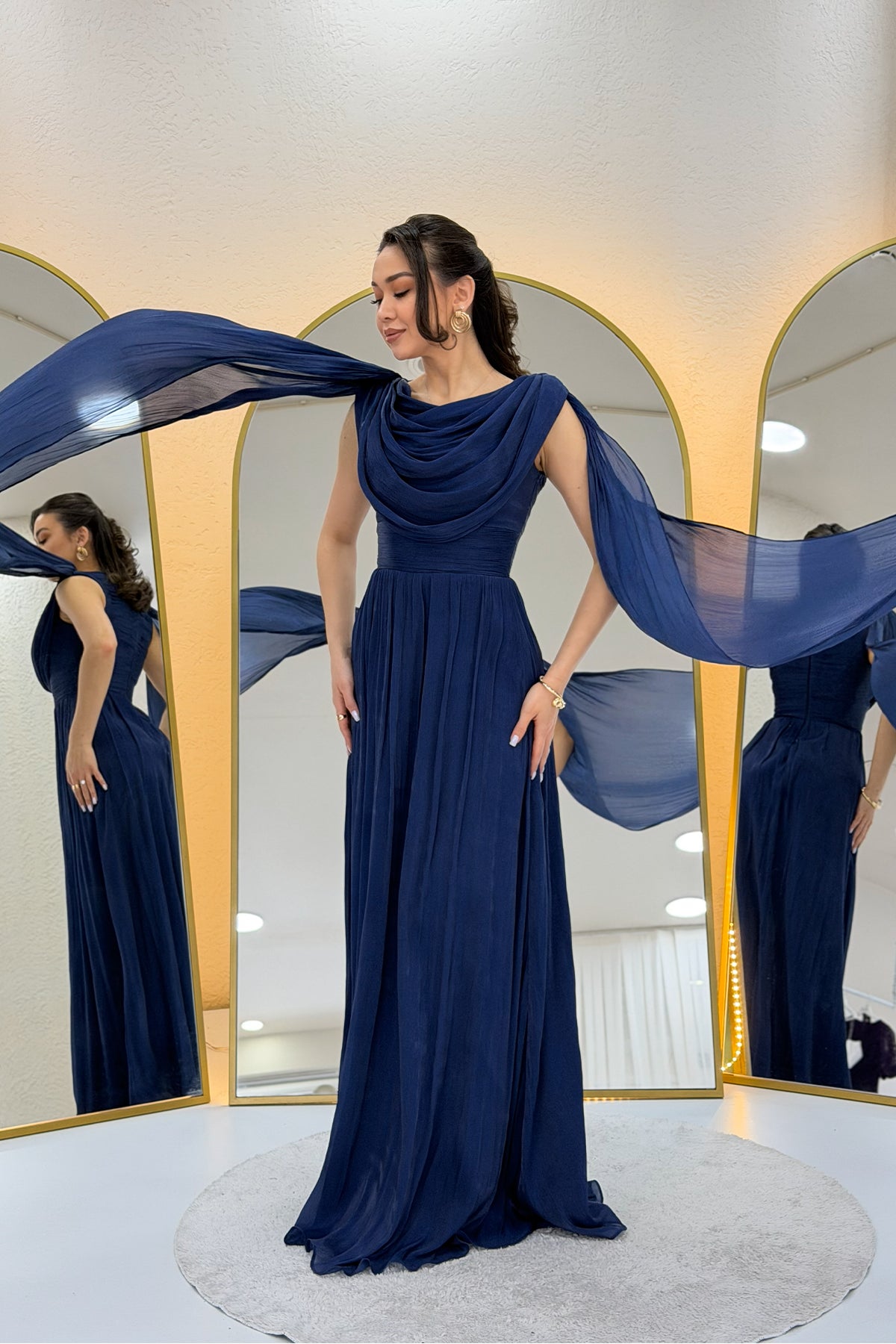 Navy Blue Drape Cloak Sleeve Evening Dress