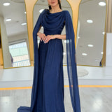 Navy Blue Drape Cloak Sleeve Evening Dress