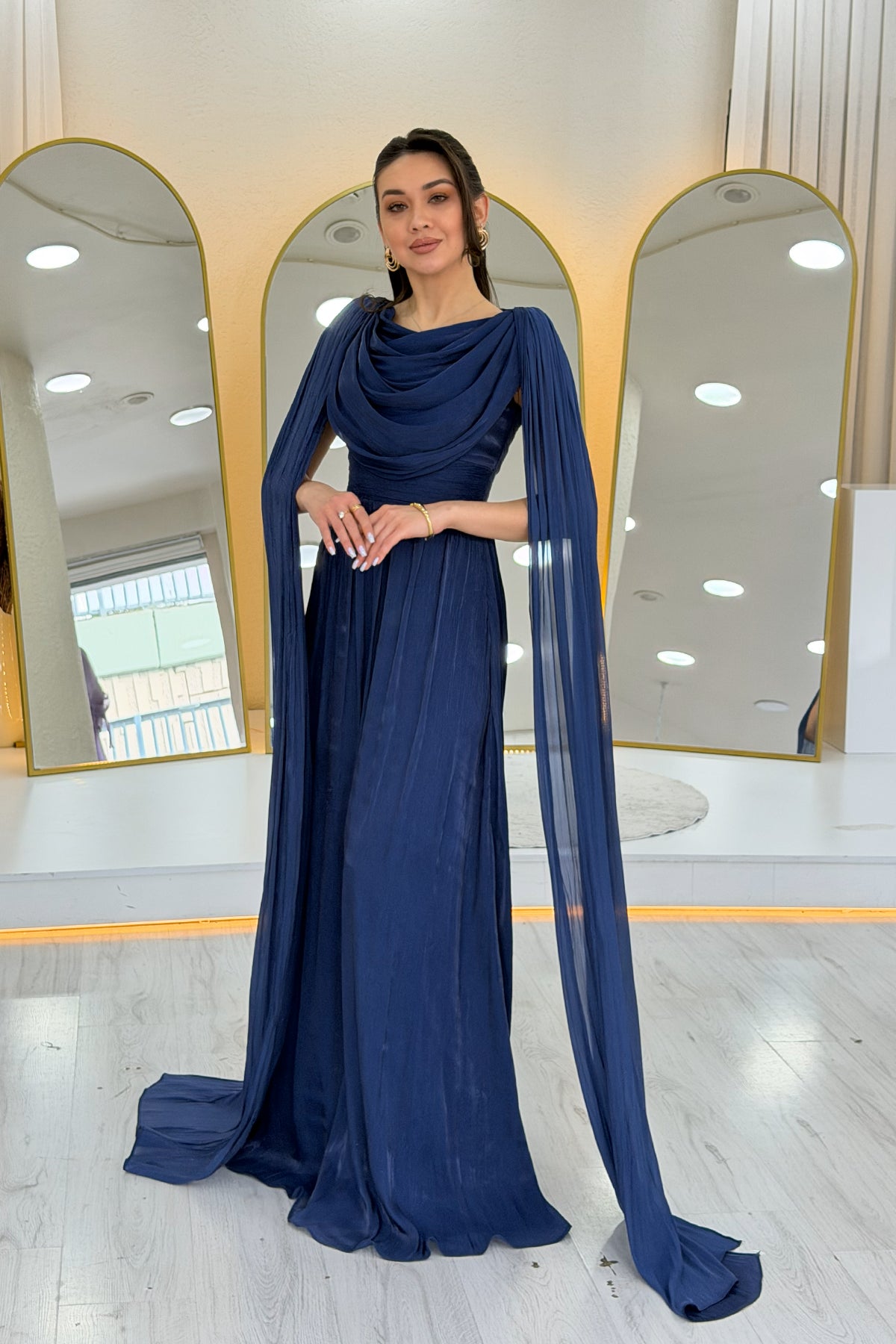 Navy Blue Drape Cloak Sleeve Evening Dress