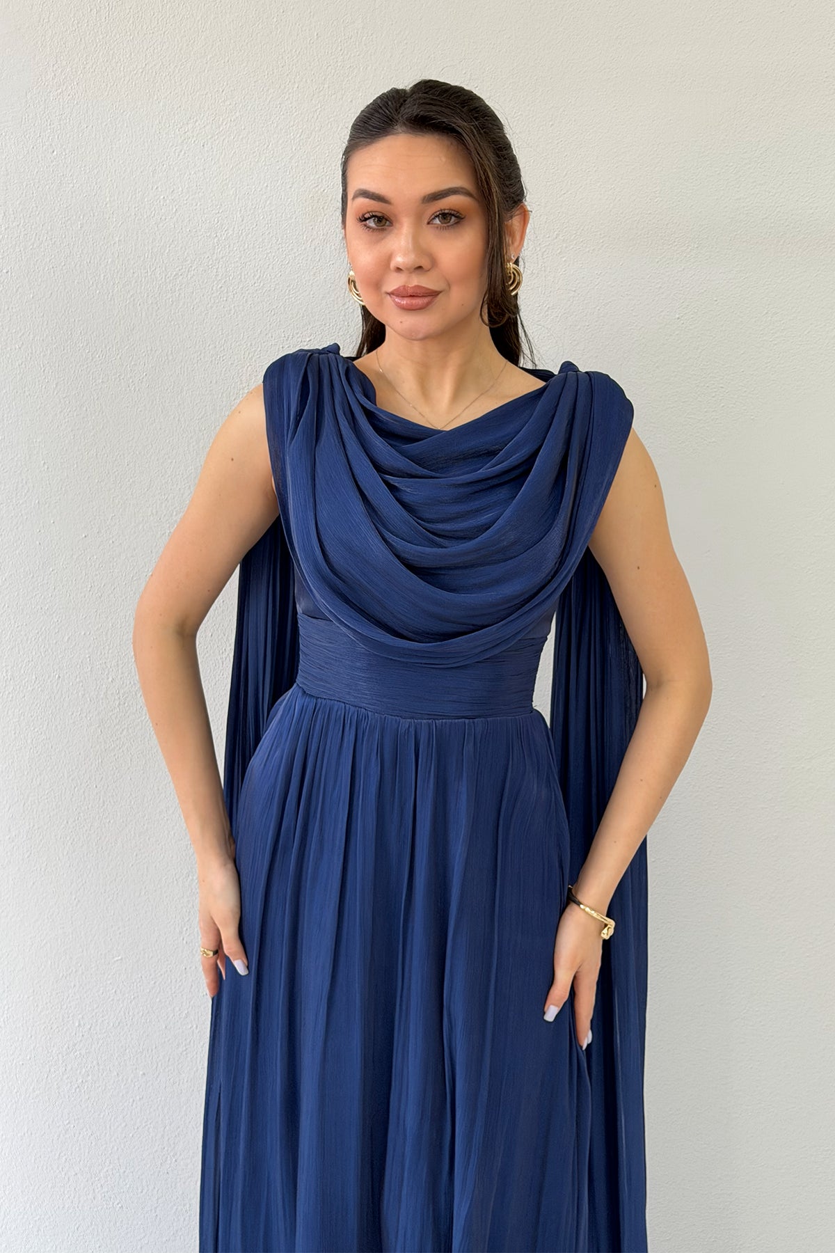 Navy Blue Drape Cloak Sleeve Evening Dress