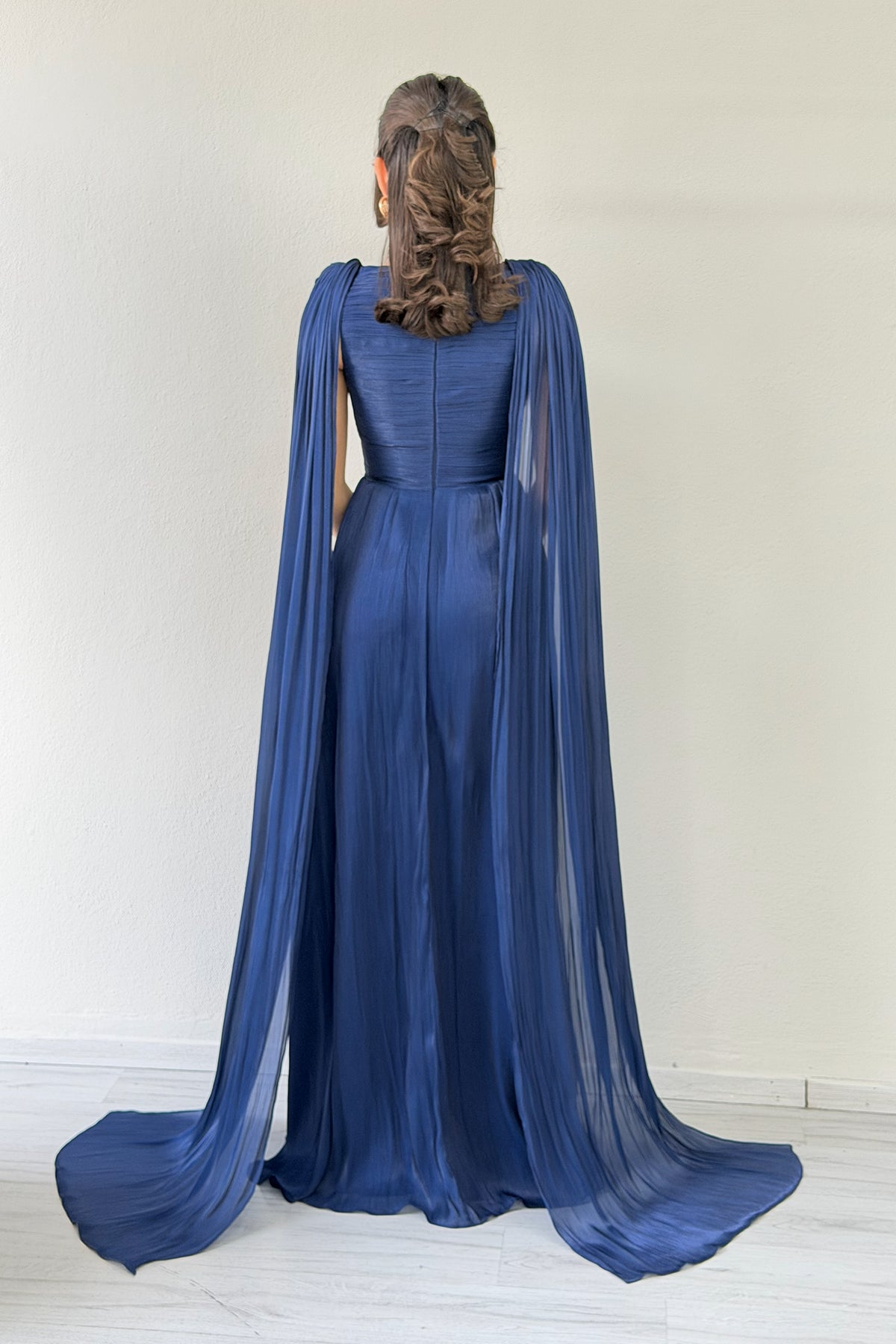 Navy Blue Drape Cloak Sleeve Evening Dress