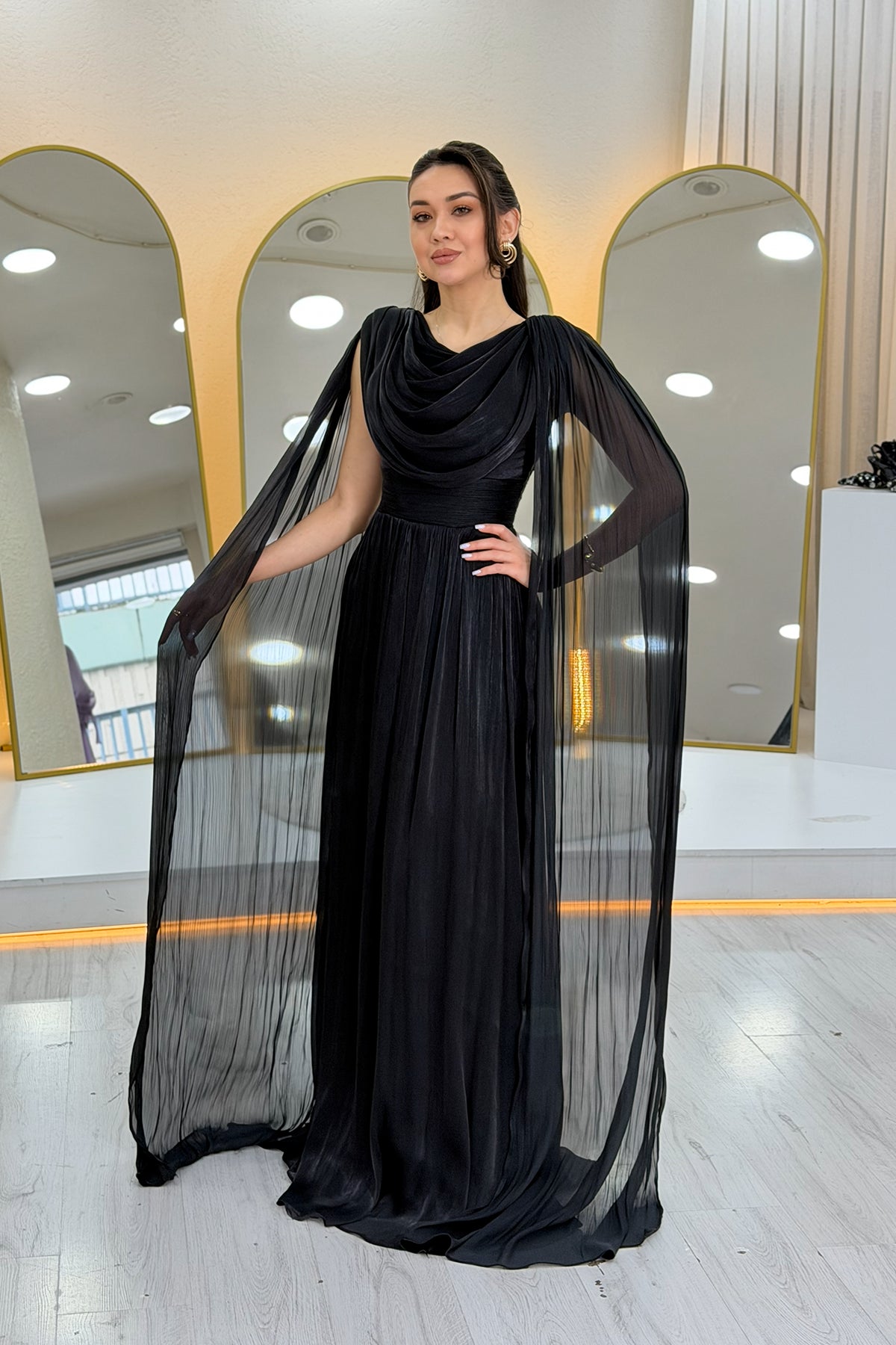 Black Drape Cloak Sleeve Evening Dress