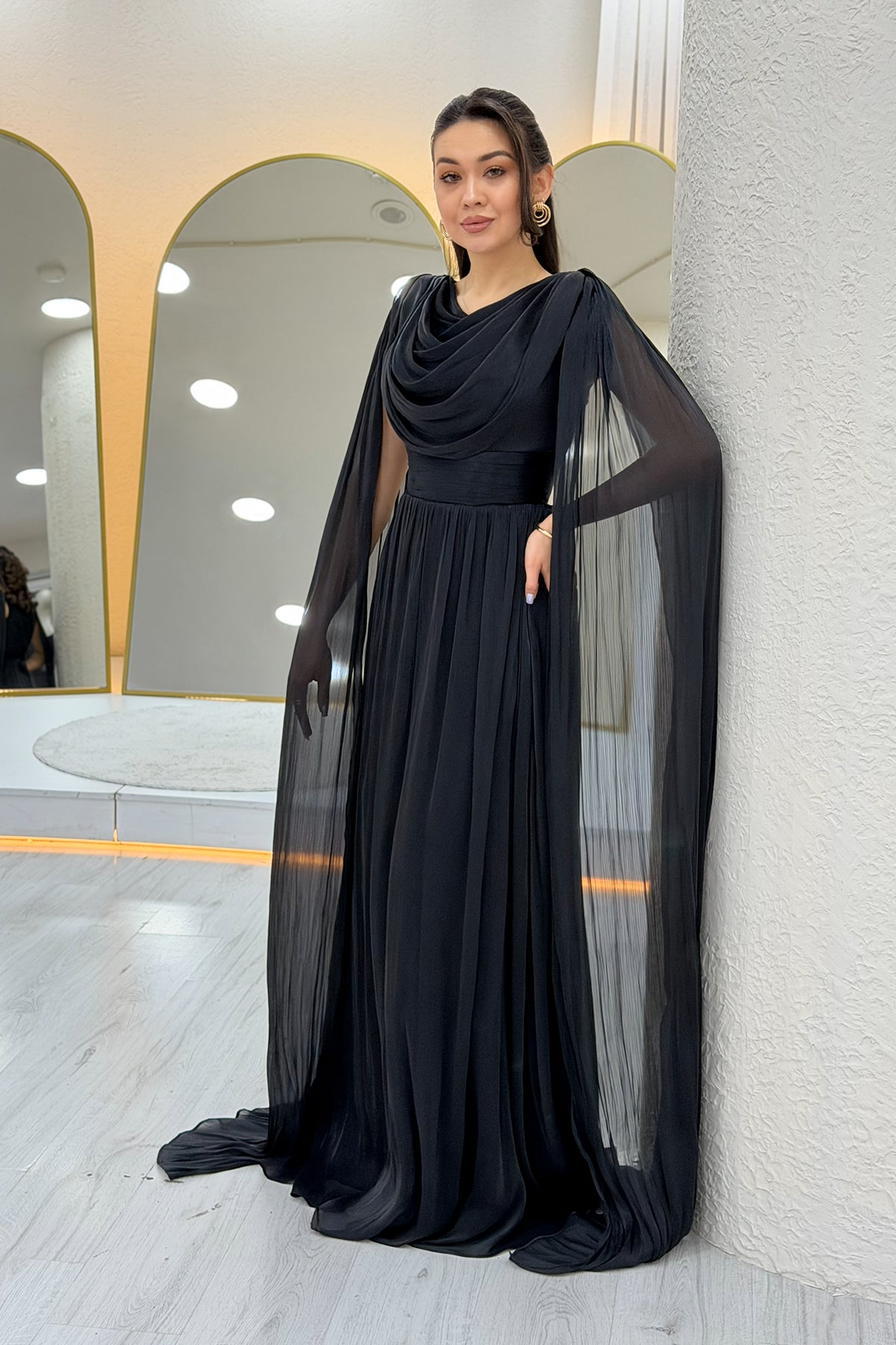 Black Drape Cloak Sleeve Evening Dress