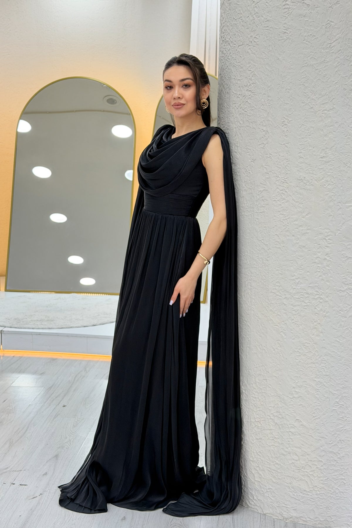 Black Drape Cloak Sleeve Evening Dress