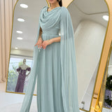 Aqua Green Drape Cloak Sleeve Evening Dress