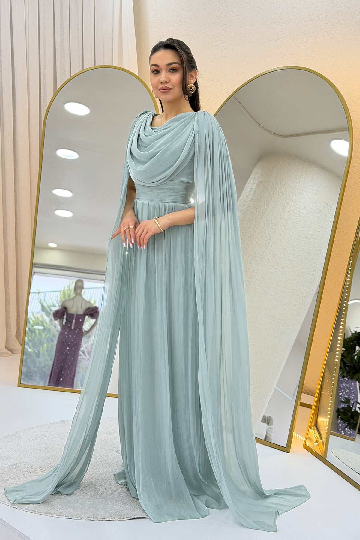 Aqua Green Drape Cloak Sleeve Evening Dress