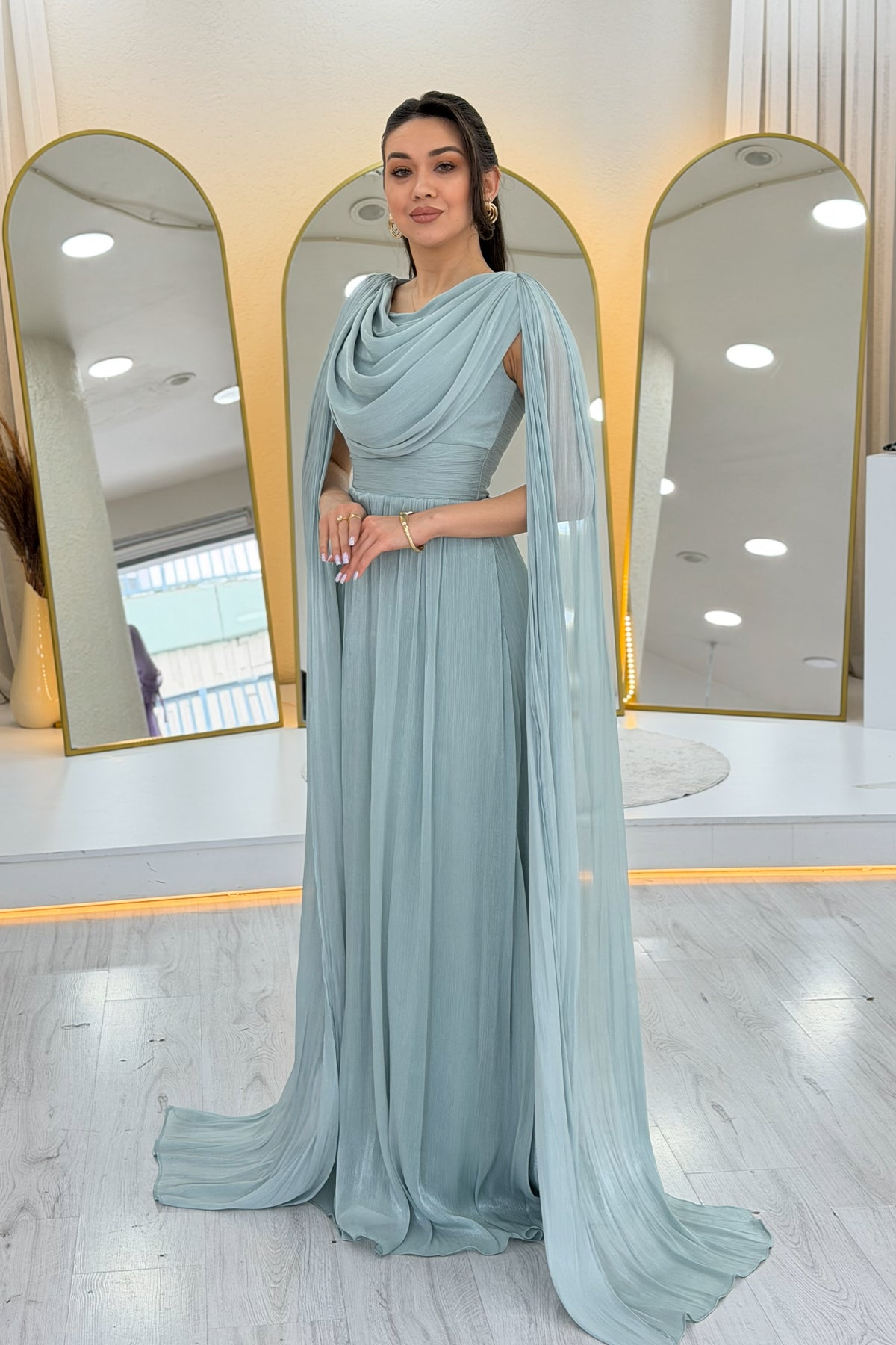Aqua Green Drape Cloak Sleeve Evening Dress