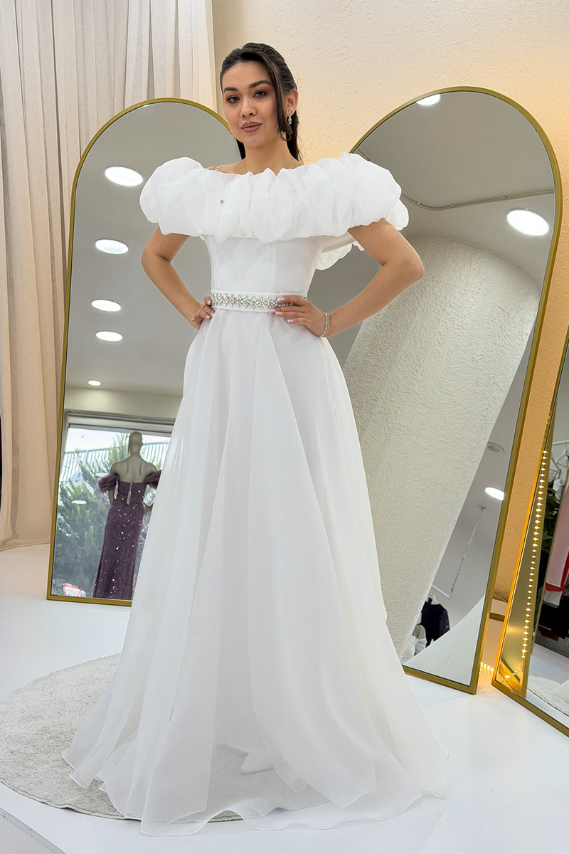 White Ruffled Collar Stone Belt Detail Tulle Wedding Princess Dress