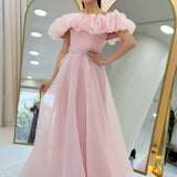 Powder Pink Ruffled Collar Stone Belt Detail Tulle Princess Evening Gown