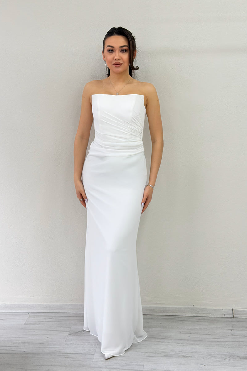 White Strapless Drape Shawl Wedding Dress