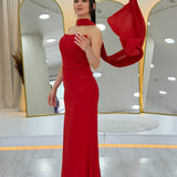 Red Strapless Drape Shawl Evening Dress