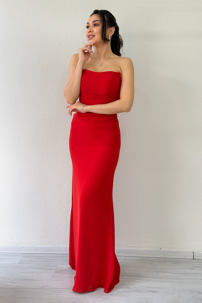Red Strapless Drape Shawl Evening Dress