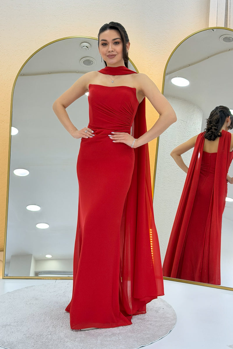 Red Strapless Drape Shawl Evening Dress