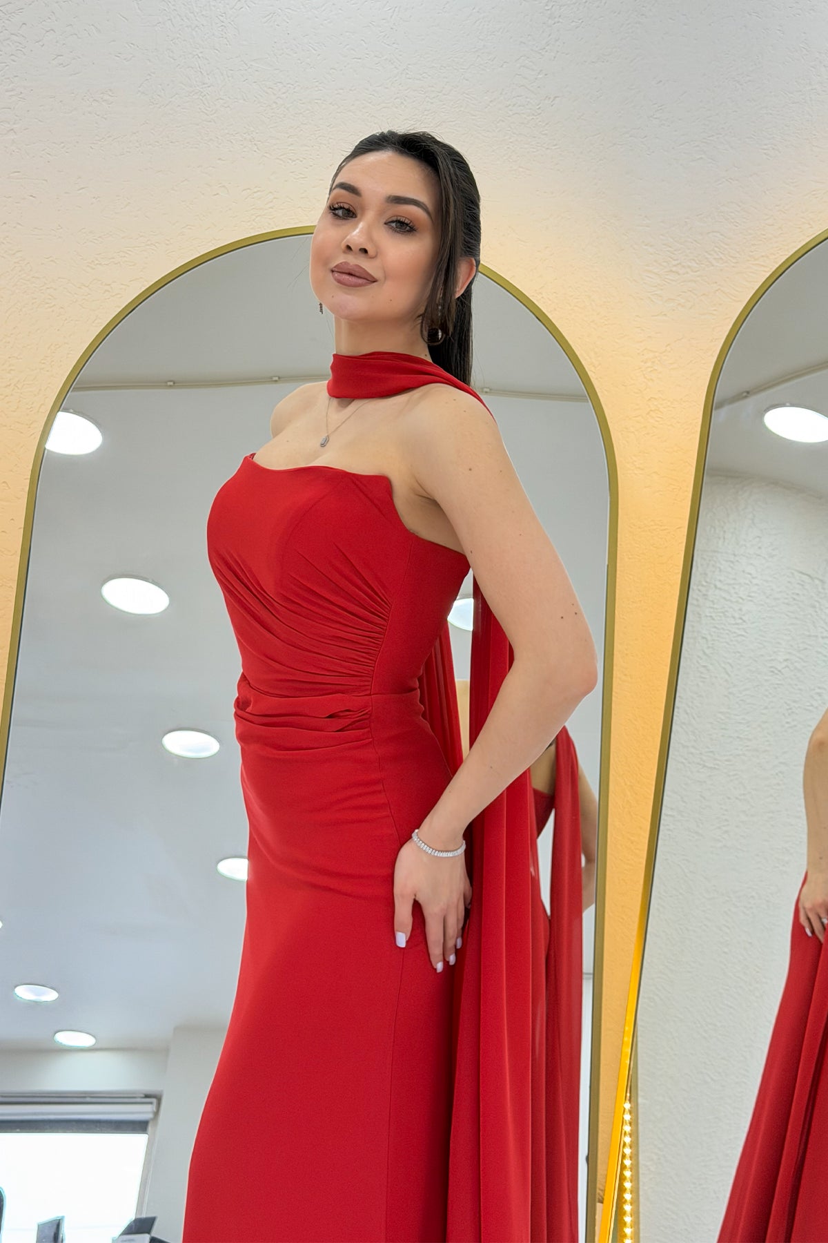 Red Strapless Drape Shawl Evening Dress