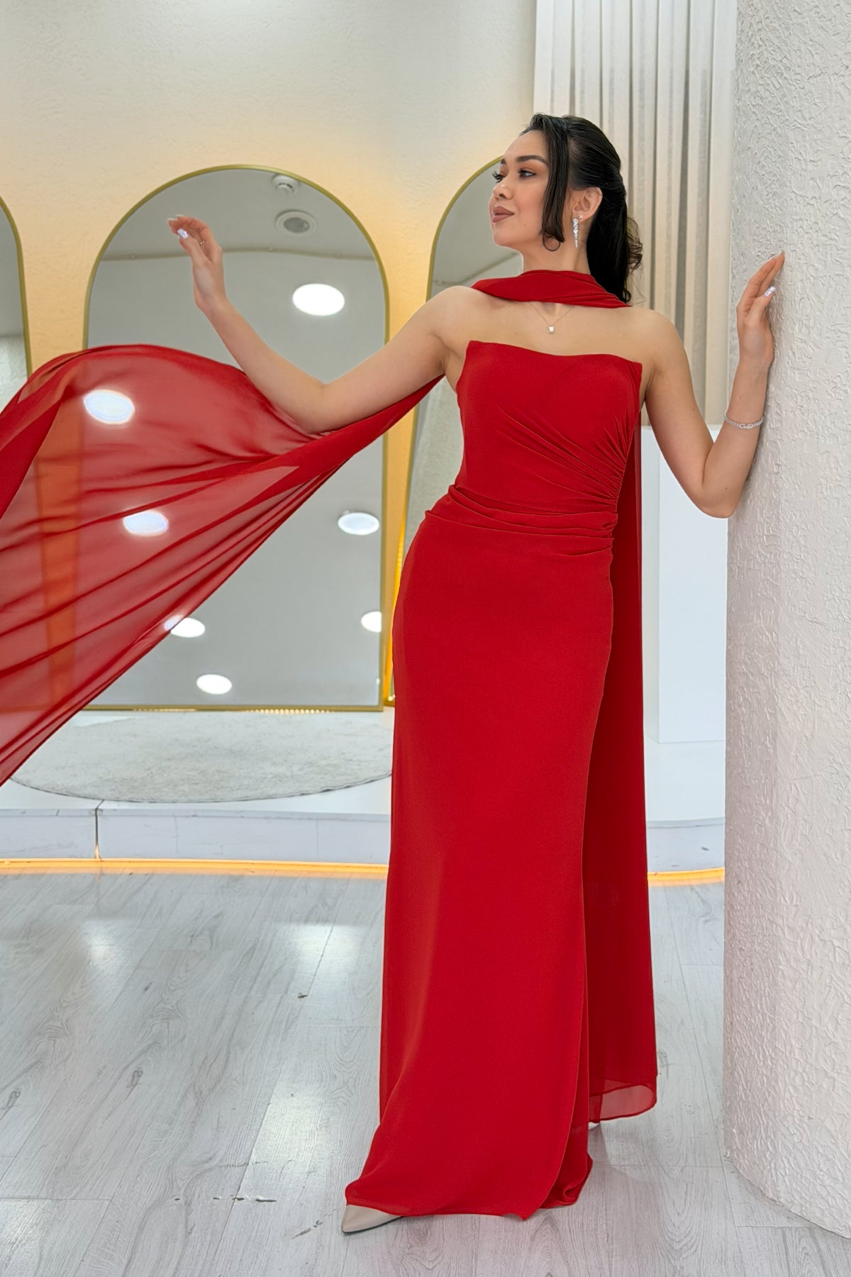 Red Strapless Drape Shawl Evening Dress