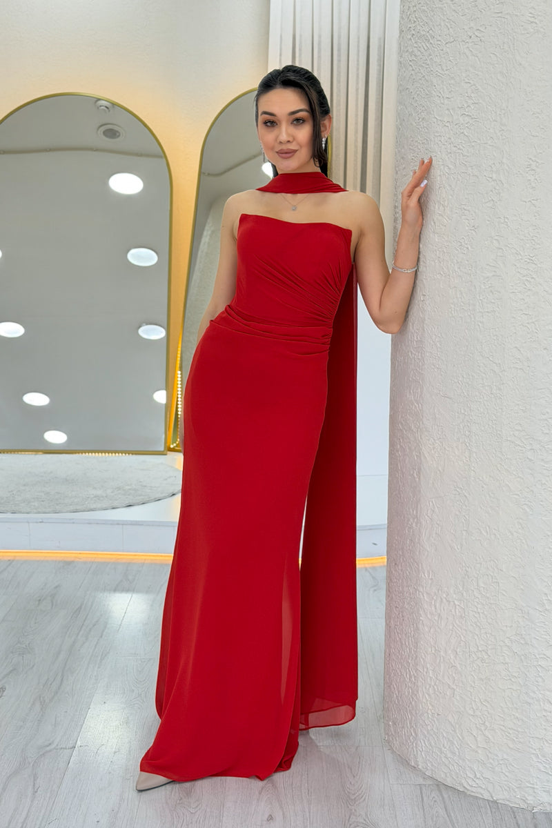 Red Strapless Drape Shawl Evening Dress