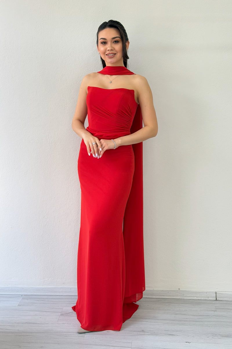 Red Strapless Drape Shawl Evening Dress